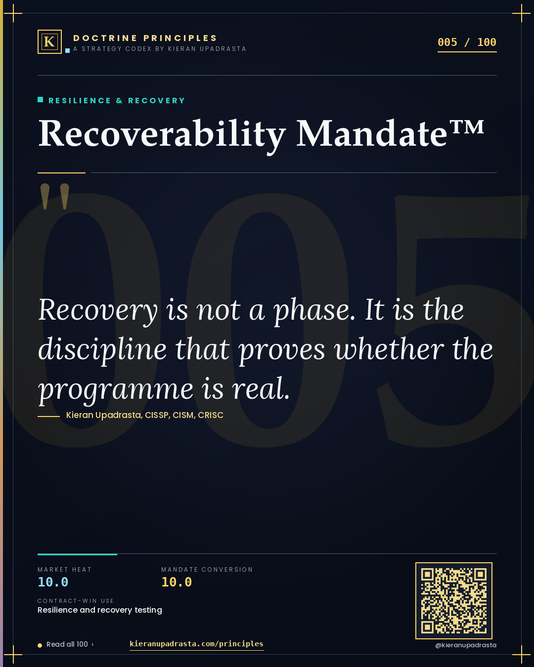 Principle 005: Recoverability Mandate™ — Resilience & Recovery doctrine card by Professor Kieran Upadrasta, CISSP CISM CRISC, Schiphol University