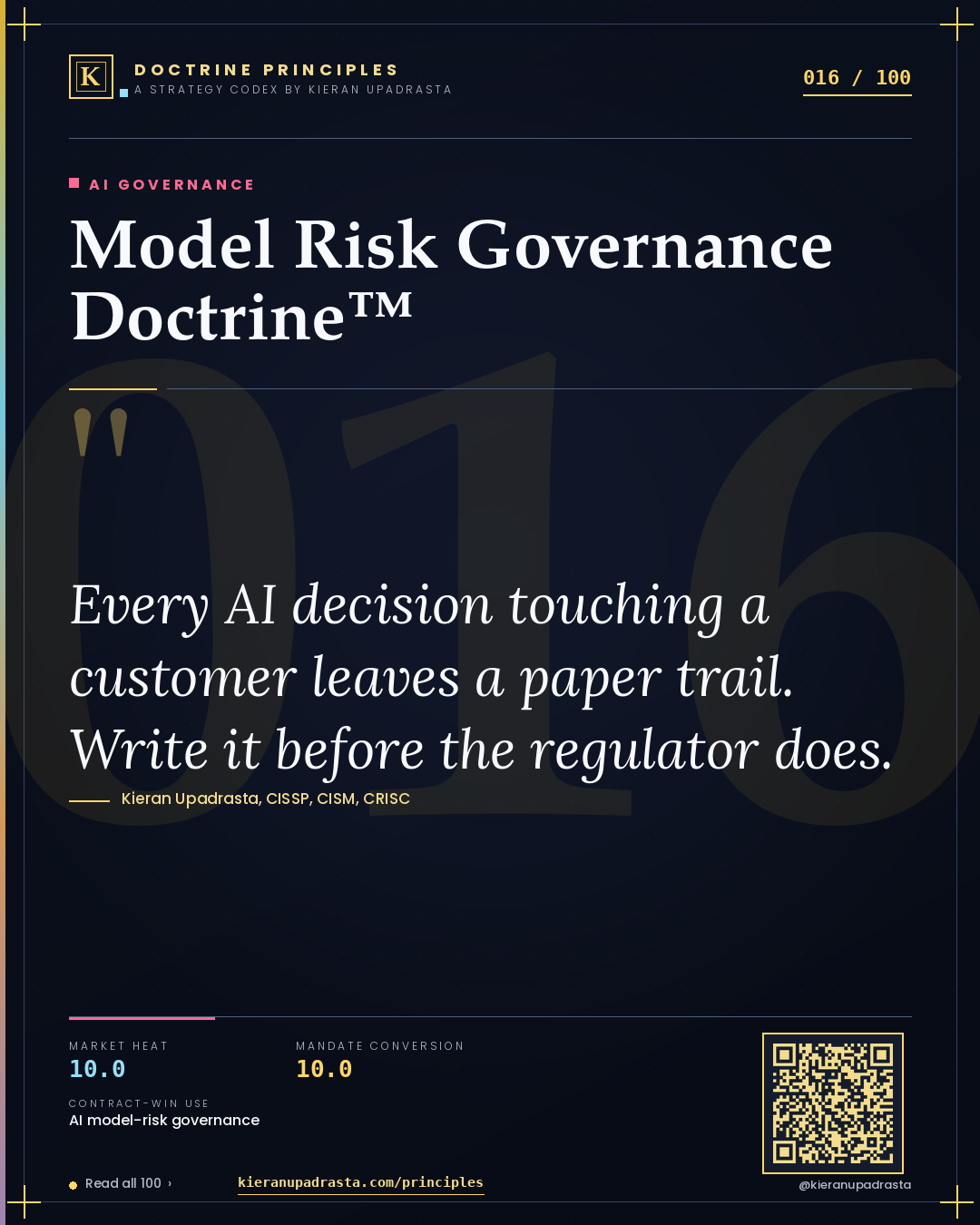 Principle 016: Model Risk Governance Doctrine™ — AI Governance doctrine card by Professor Kieran Upadrasta, CISSP CISM CRISC, Schiphol University