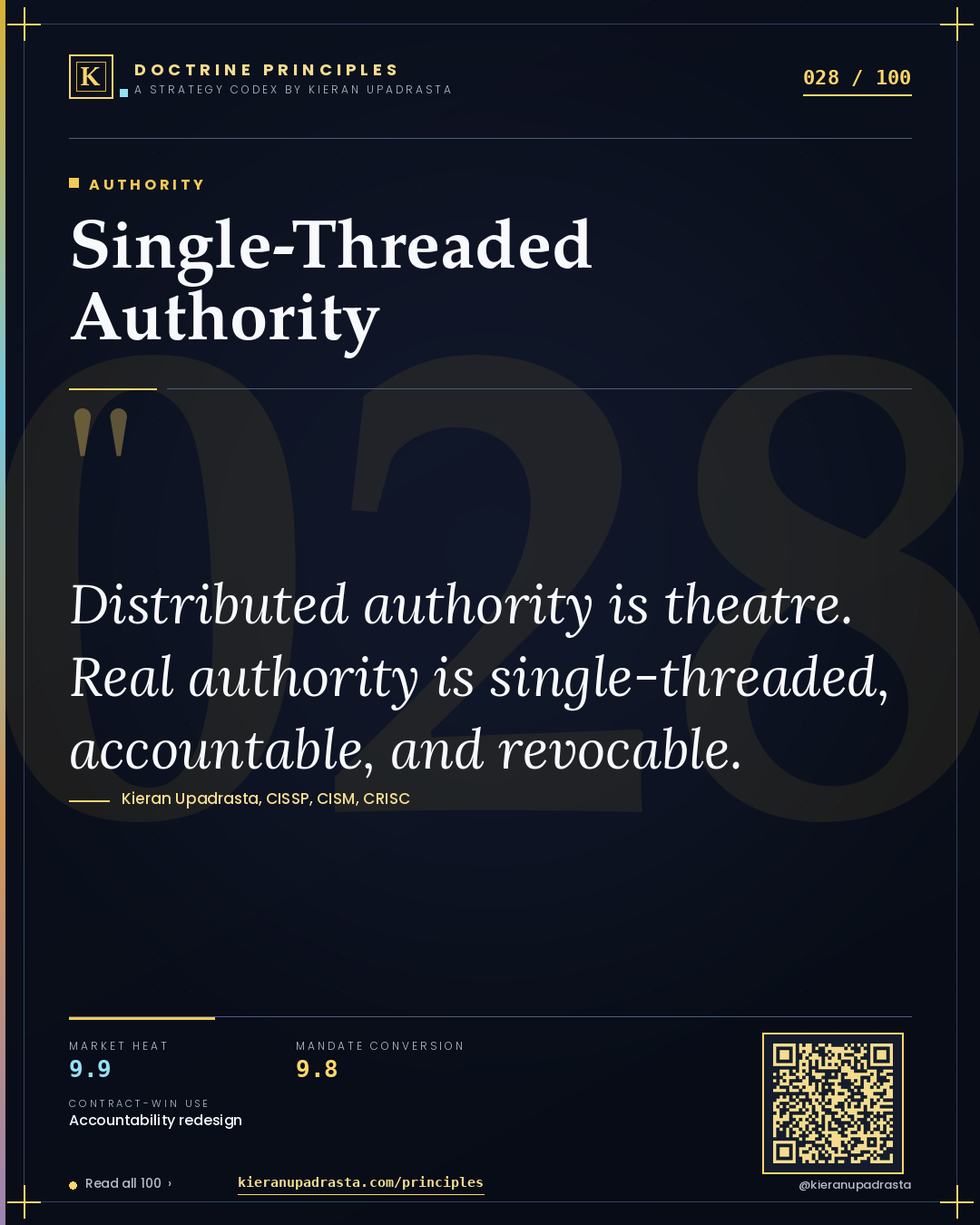 Principle 028: Single-Threaded Authority — Authority doctrine card by Professor Kieran Upadrasta, CISSP CISM CRISC, Schiphol University