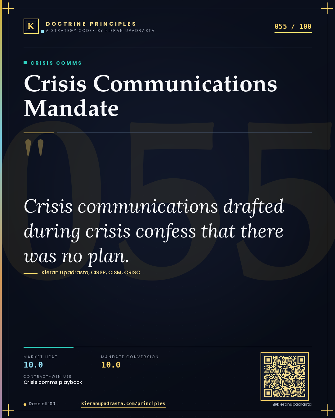 Principle 055: Crisis Communications Mandate — Crisis Comms doctrine card by Professor Kieran Upadrasta, CISSP CISM CRISC, Schiphol University