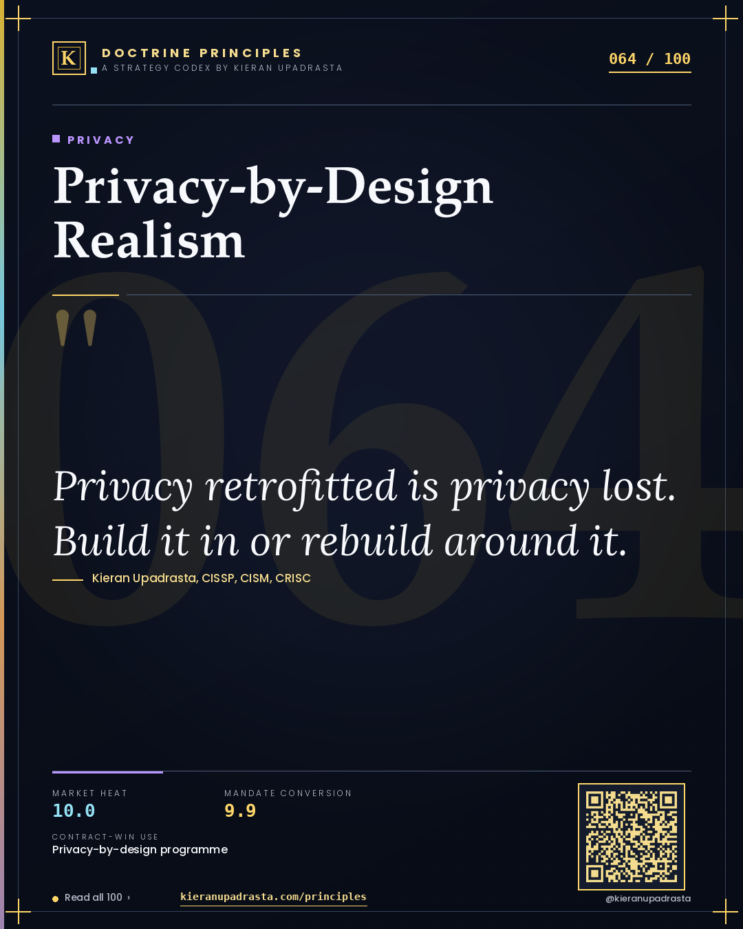 Principle 064: Privacy-by-Design Realism — Privacy doctrine card by Professor Kieran Upadrasta, CISSP CISM CRISC, Schiphol University