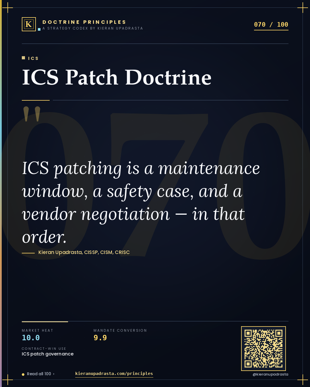 Principle 070: ICS Patch Doctrine — ICS doctrine card by Professor Kieran Upadrasta, CISSP CISM CRISC, Schiphol University