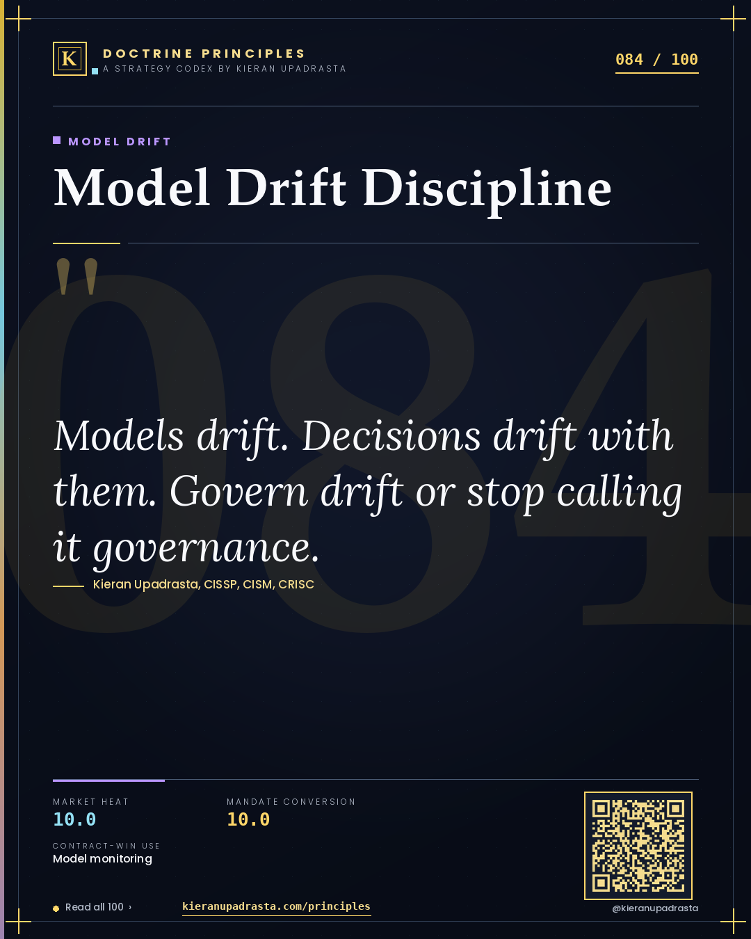 Principle 084: Model Drift Discipline — Model Drift doctrine card by Professor Kieran Upadrasta, CISSP CISM CRISC, Schiphol University