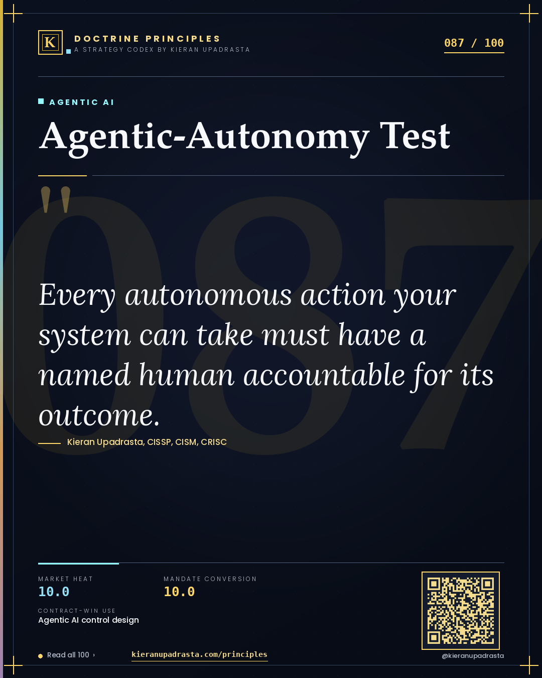 Principle 087: Agentic-Autonomy Test — Agentic AI doctrine card by Professor Kieran Upadrasta, CISSP CISM CRISC, Schiphol University