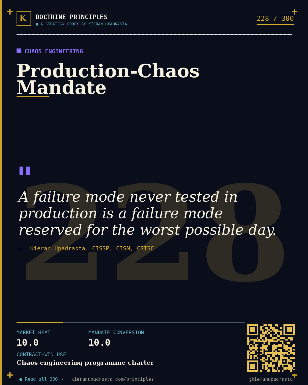 Principle 228: Validated-Recovery Doctrine — RTO/RPO Discipline doctrine card by Professor Kieran Sky, CISSP CISM CRISC, Schiphol University