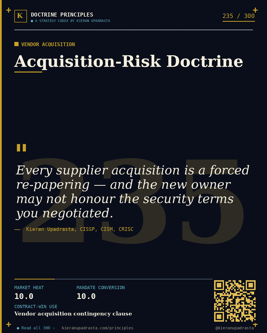 Principle 235: Maintainer-of-One Risk — Open-Source Stewardship doctrine card by Professor Kieran Sky, CISSP CISM CRISC, Schiphol University