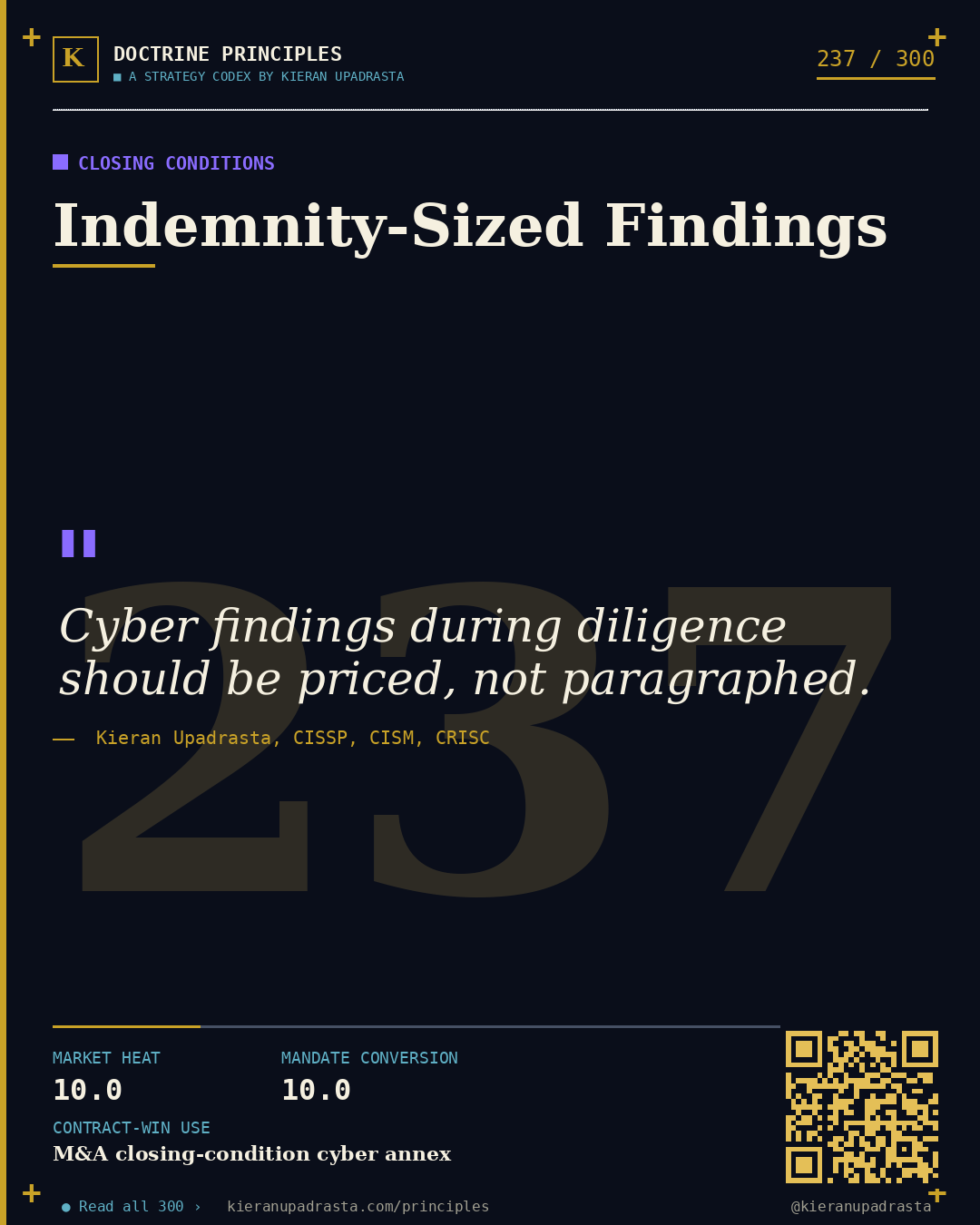Principle 237: M&A Diligence Doctrine — Cyber Due Diligence doctrine card by Professor Kieran Sky, CISSP CISM CRISC, Schiphol University